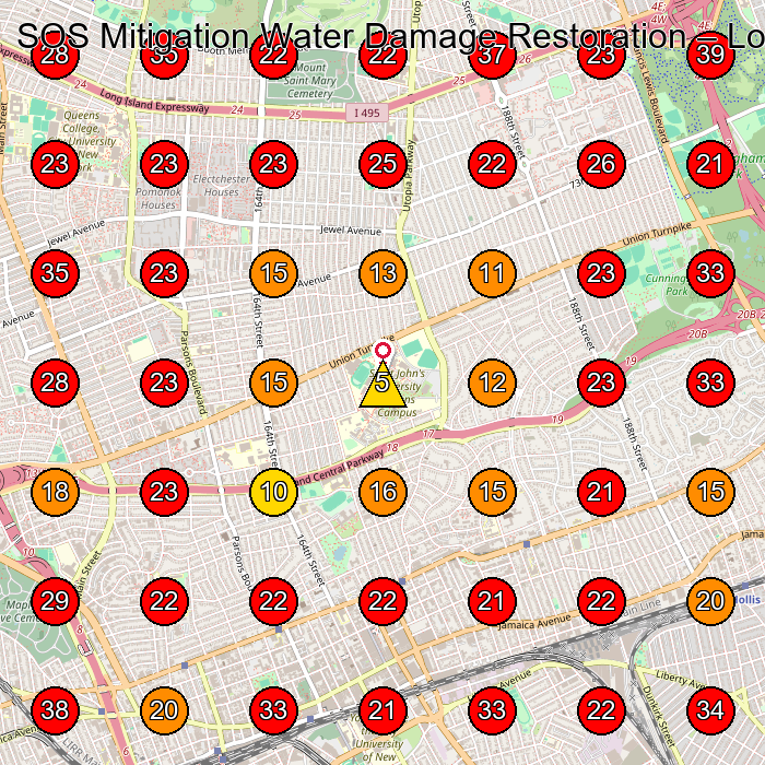 SOS Mitigation Water Damage Restoration GeoGrid visibility map for Water Damage Restoration Service in Queens